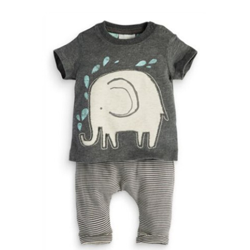 2PCS Toddler Boy Baby Elephant Print Cotton Tops Shirt+Stripe Long